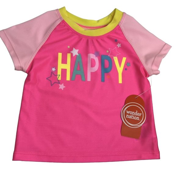 Wonder Nation Girls Baby Size 12 Months Rash Guard Swim Shirt Pink Neon Happy - Picture 10 of 12